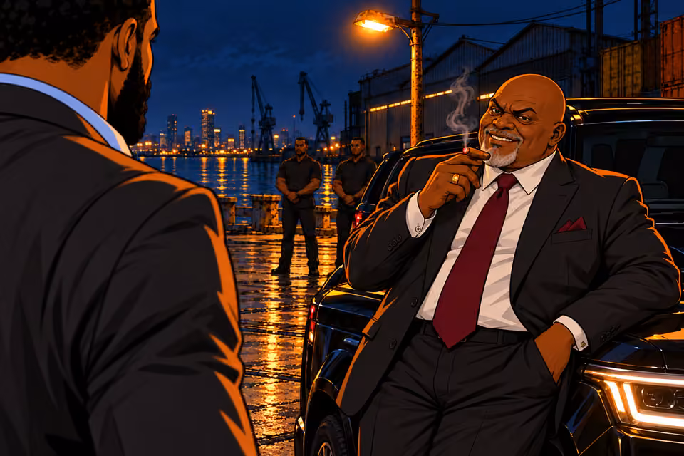 Baba Jide greets Marcus with a threatening smile.