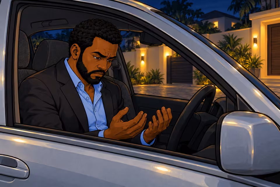 Marcus studies his trembling hands in the driveway.