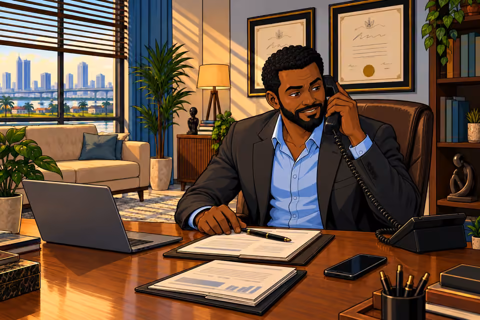 Marcus answers his office telephone.