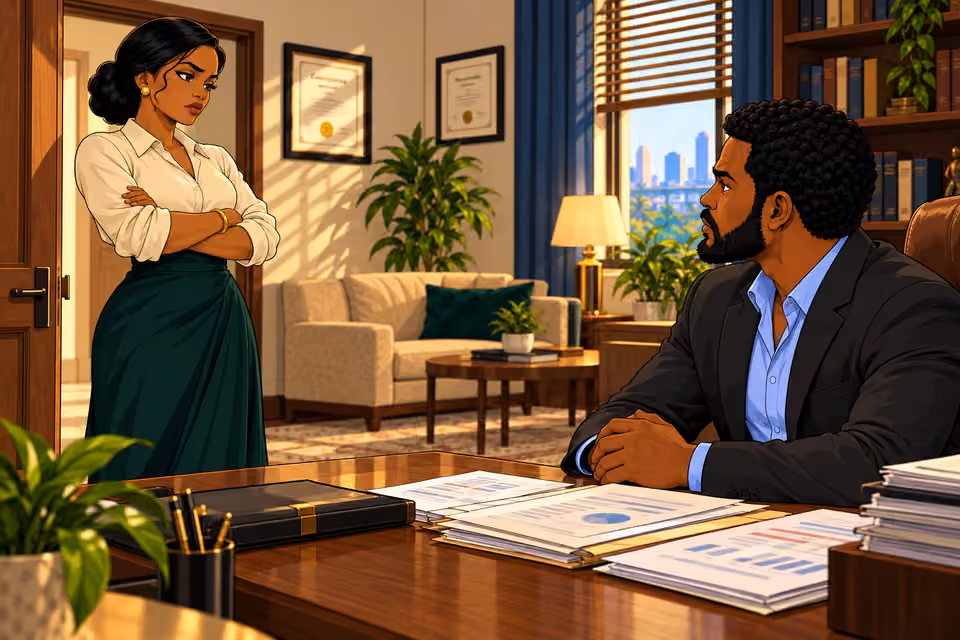 Claire arrives at Marcus’s office with her arms crossed.