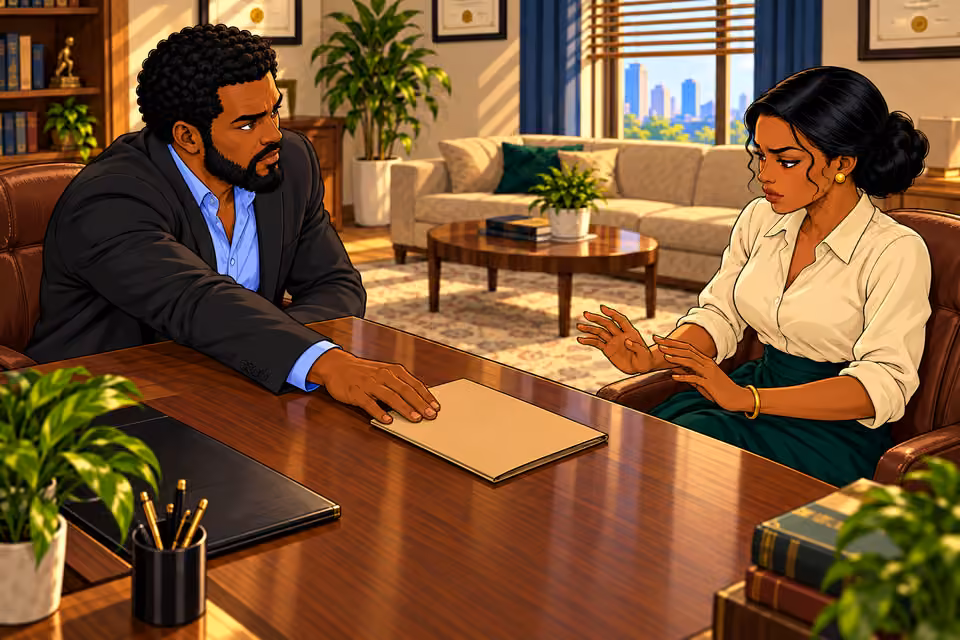 Marcus slides a folder of evidence toward Claire.