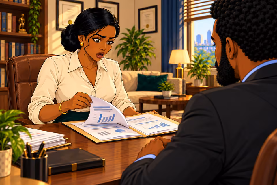 Claire reads the financial records in shock.