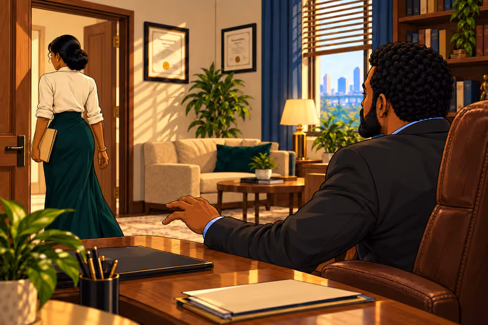 Marcus watches Claire leave with the folder.