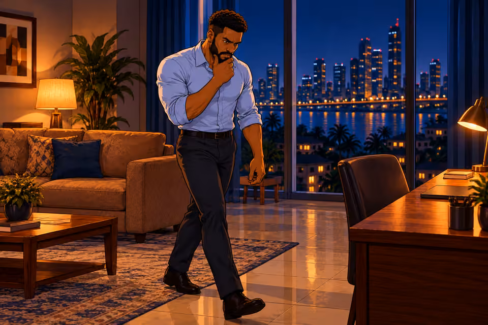 Marcus paces in his apartment, worried about Claire.