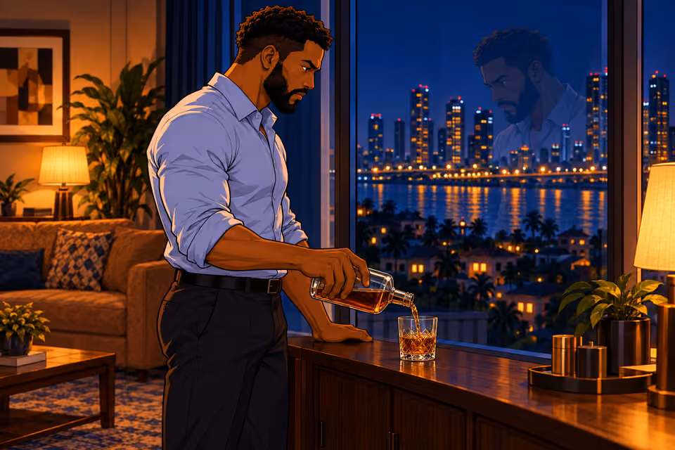 Marcus pours a drink and studies his reflection.