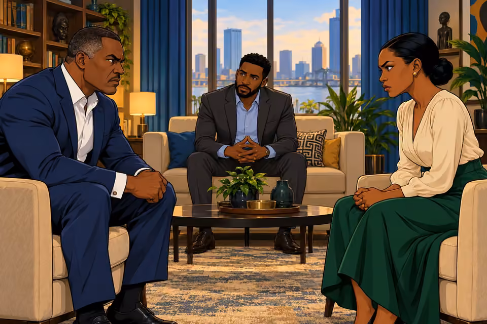 Victor and Claire glare across the therapy room while Marcus sits between them.