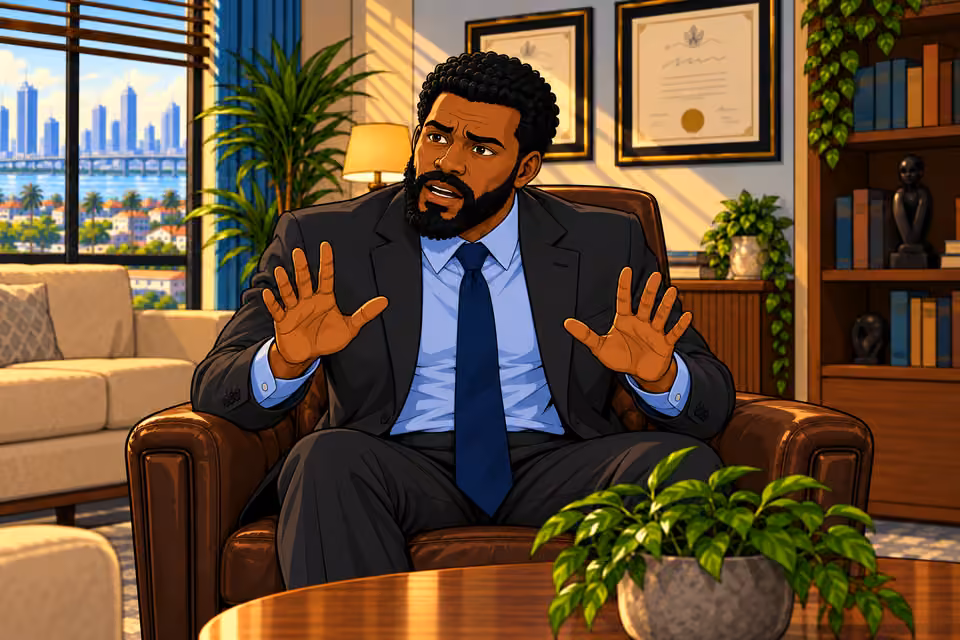 Marcus raises his hands and tries to explain.