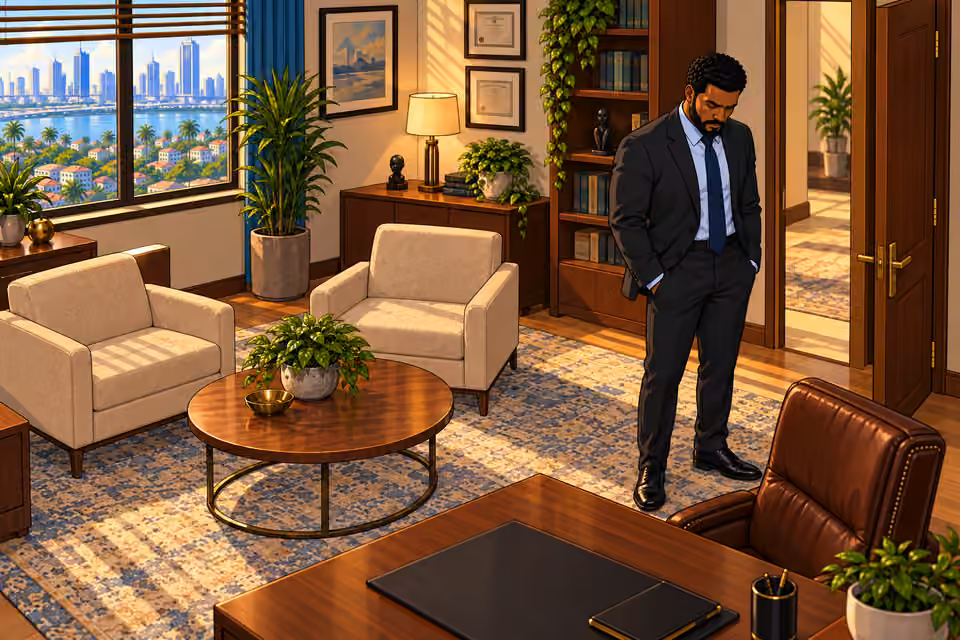 Marcus is left alone in the quiet office.