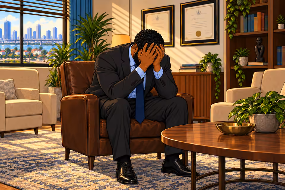 Marcus collapses into his chair and buries his face in his hands.