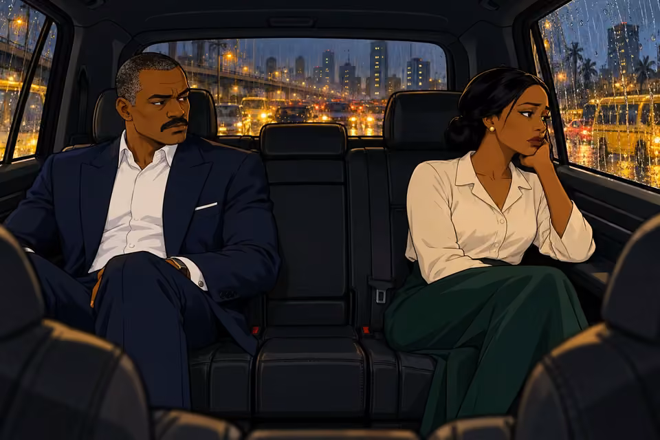 Claire stares through a rain-streaked SUV window while Victor watches her.