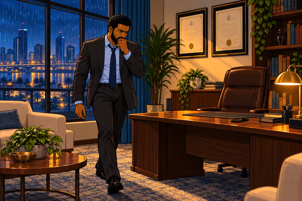 Marcus paces his office after Claire’s alarming call.