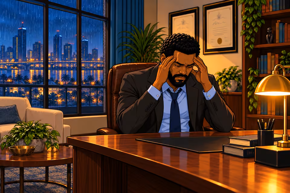 Marcus sits and rubs his temples.