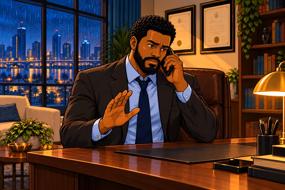 Marcus tells Claire to meet him at the office in an hour.