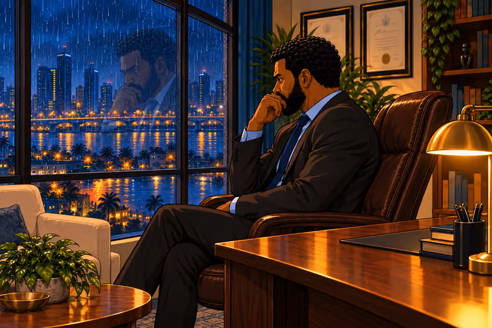 Marcus waits and studies his reflection in the window.
