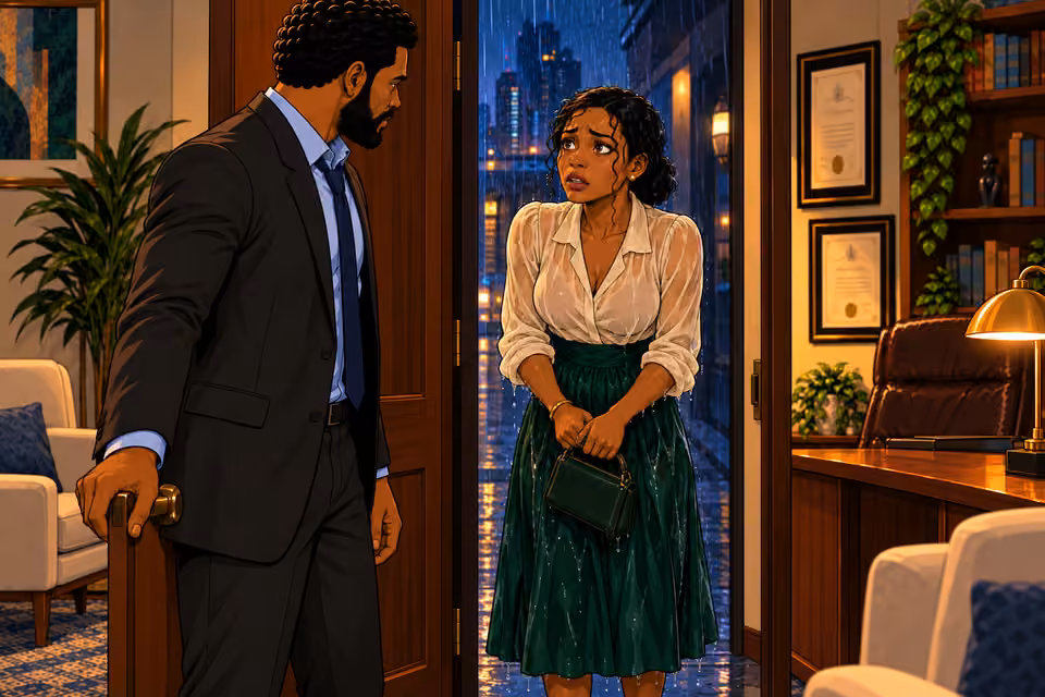 Marcus opens the door to find Claire drenched and frightened.