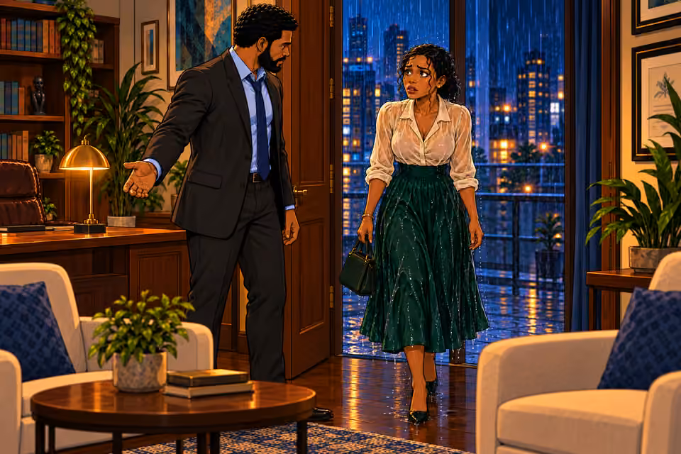 Marcus steps aside and lets Claire into his office.