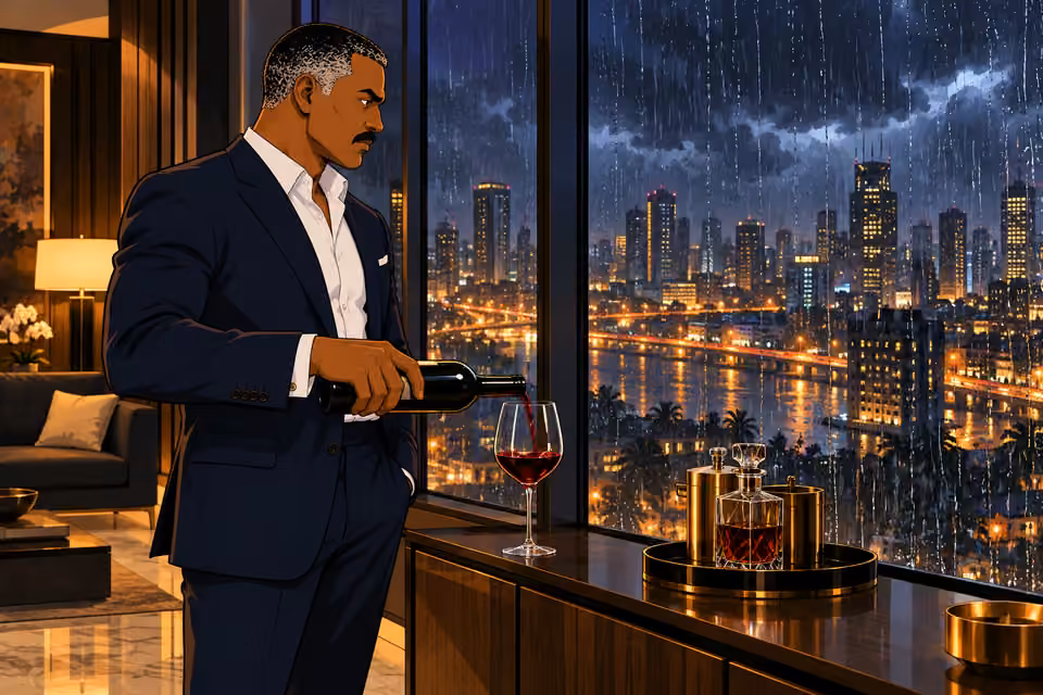 Victor pours wine and watches the storm from his penthouse.