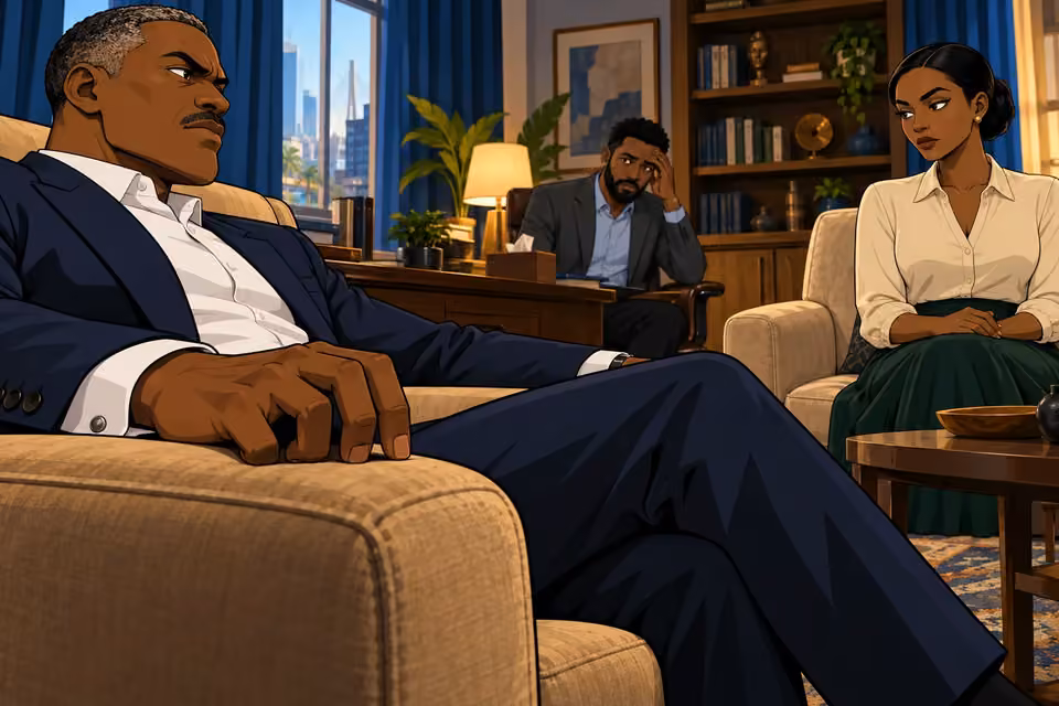 Victor drums his fingers against his chair as Claire and Marcus watch.