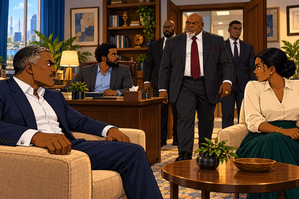 Baba Jide strides into the office with two enforcers.