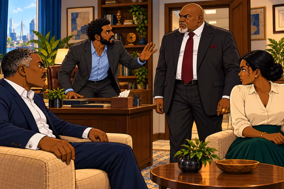 Marcus rises and tries to interrupt Baba Jide.