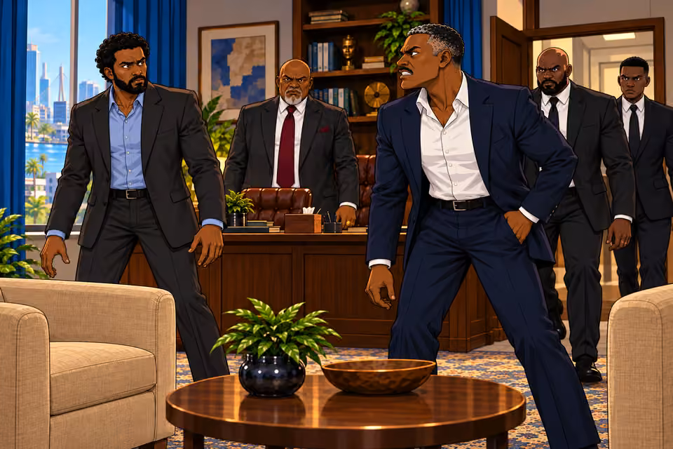 The enforcers advance as Victor’s hand shifts toward his pocket.
