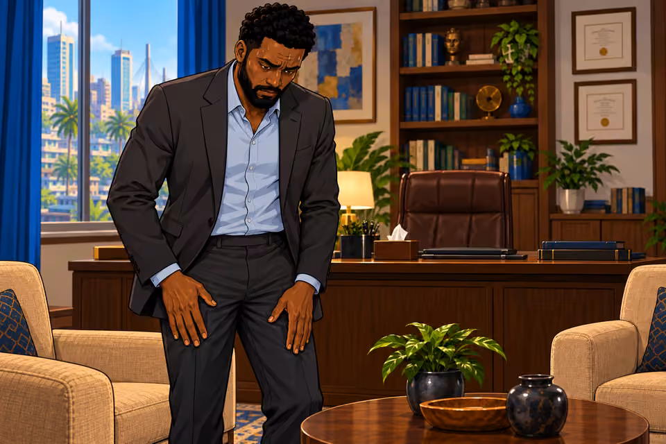 Marcus wipes his sweaty palms on his trousers.