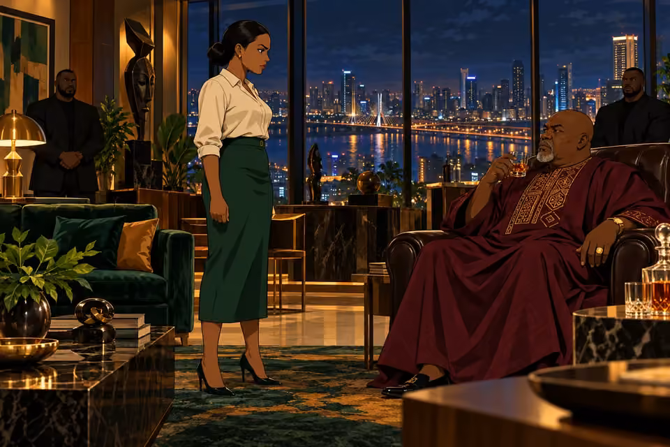 Claire faces Baba Jide in a lavish penthouse with bodyguards in shadow.