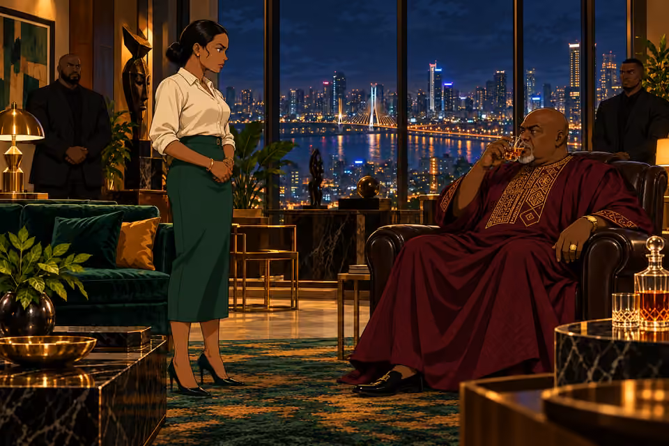 Baba Jide sips scotch while Claire stands before him.