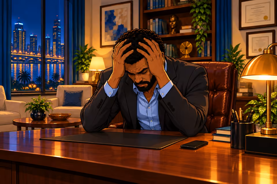 Marcus sits alone in his office with his head in his hands.