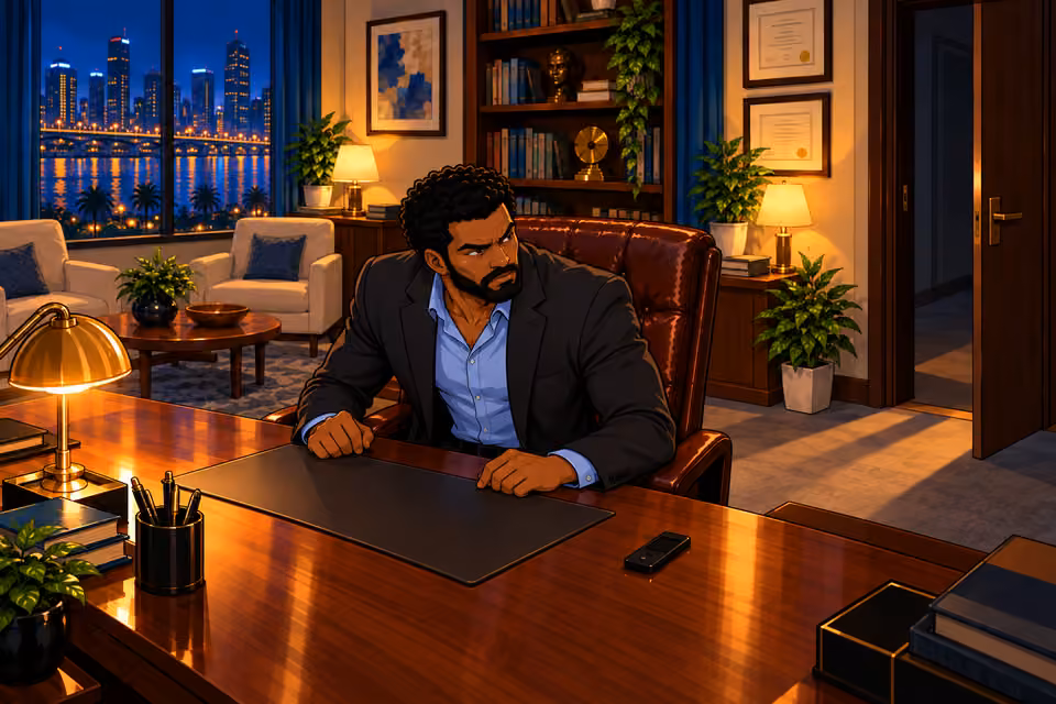 Marcus feels threatened by the shadows of his empty office.