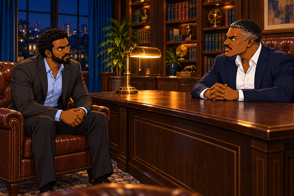 Marcus meets Victor in the study at his private estate.
