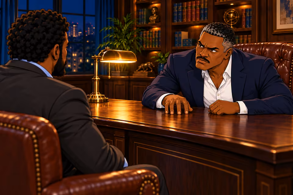 Victor questions Marcus while drumming his fingers on the desk.