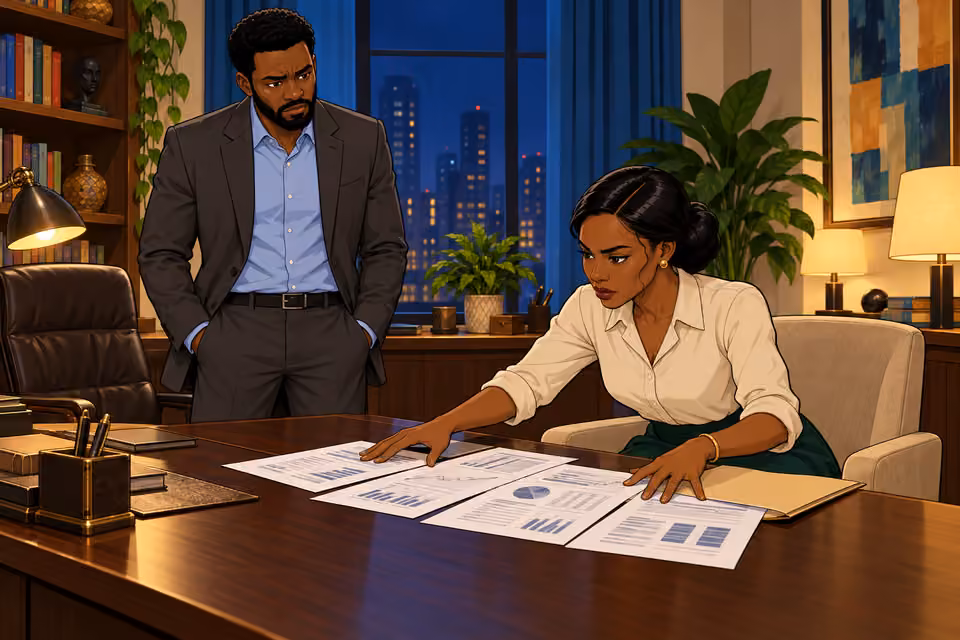 Claire spreads the financial records across Marcus’s desk.