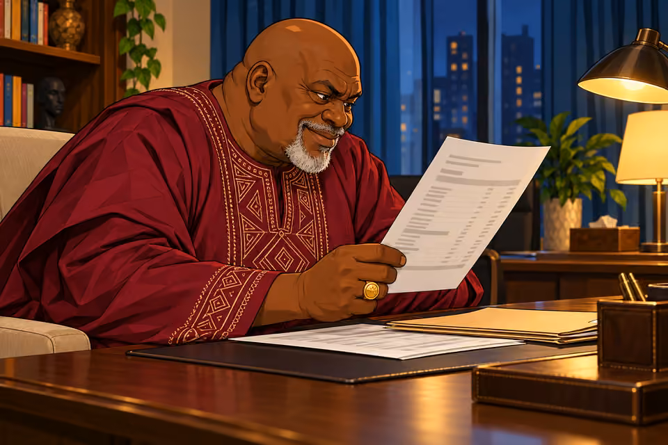 Baba Jide examines a document and begins to smile.