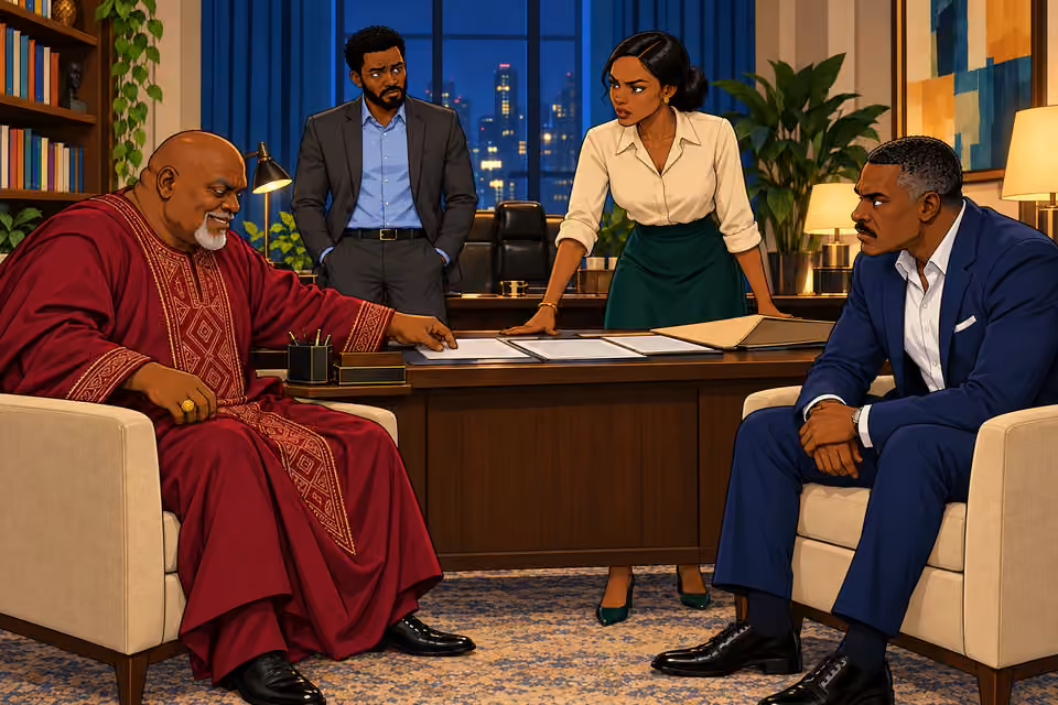 Baba Jide sets down the document and agrees with Claire.
