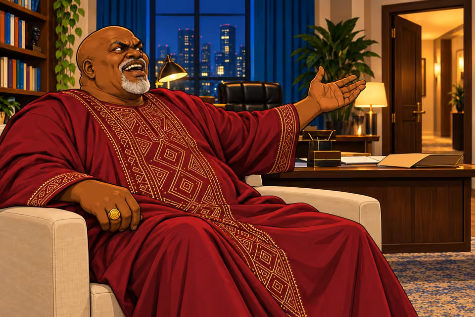 Baba Jide laughs and gestures toward his men outside.