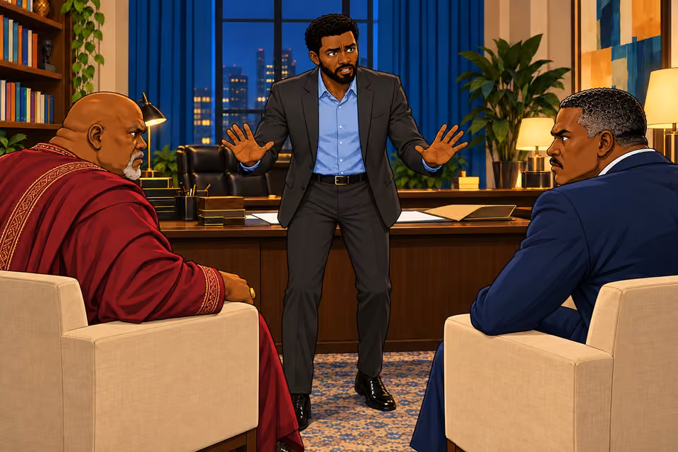 Marcus steps forward and tries to calm the confrontation.
