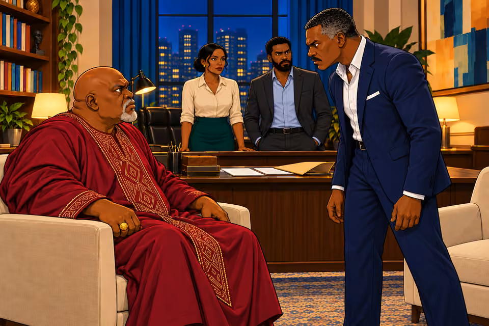 The room falls silent as Victor and Baba Jide stare each other down.