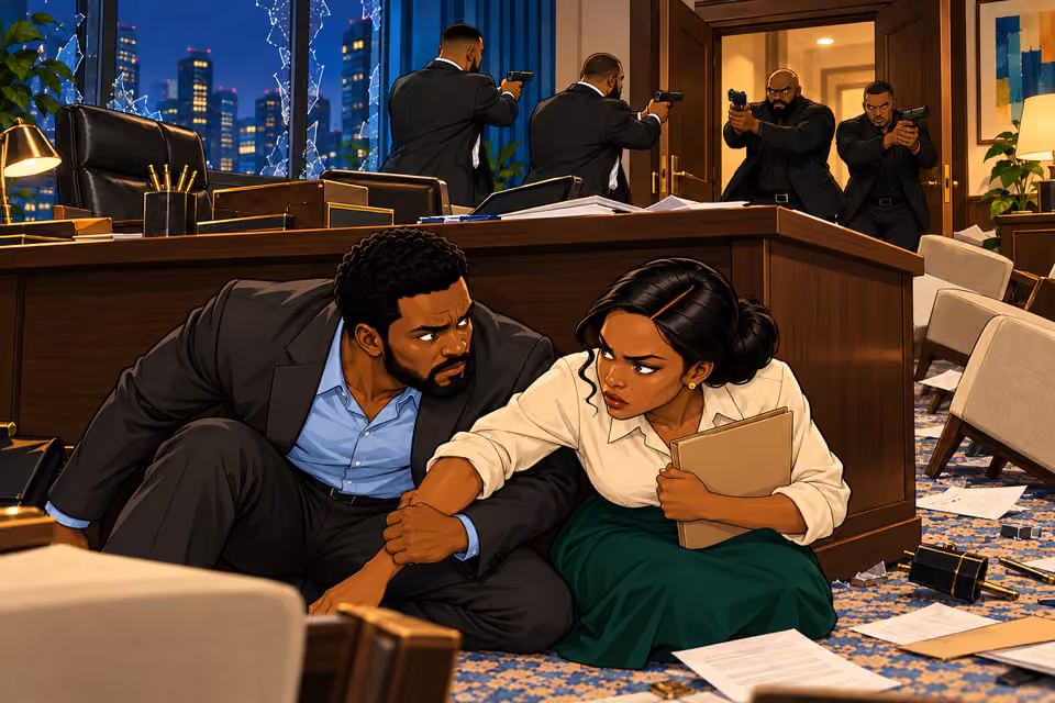 Marcus pulls Claire down behind his desk as the gunfight begins.