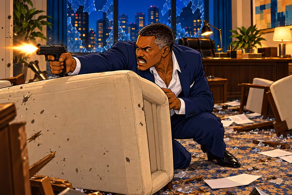 Victor fires from behind an armchair during the confrontation.