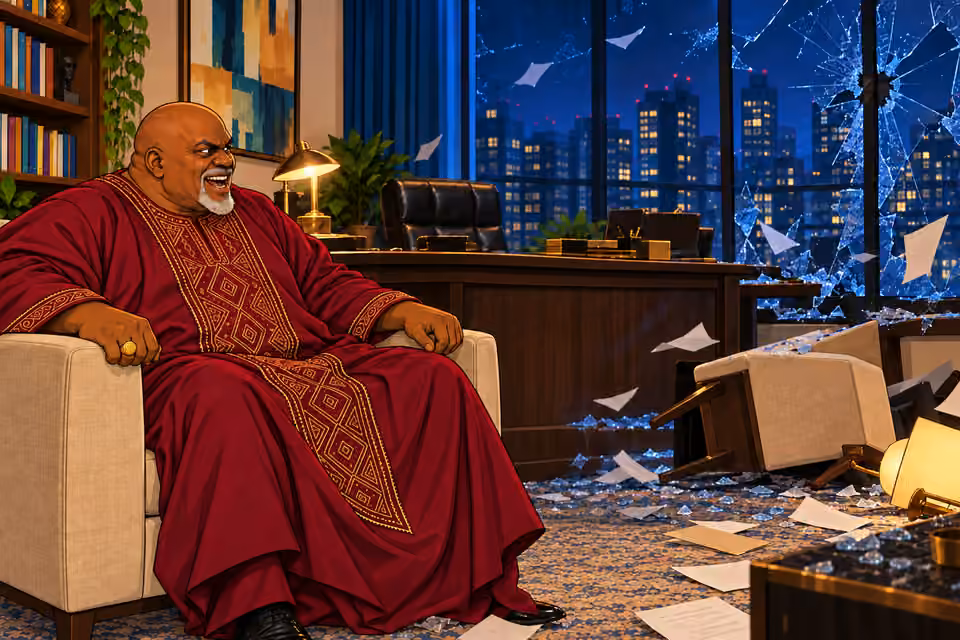 Baba Jide laughs amid the chaos.