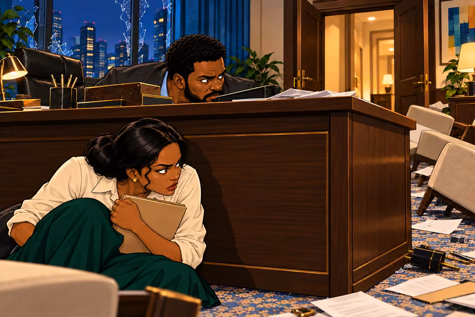Marcus peers over the desk to find a way out.