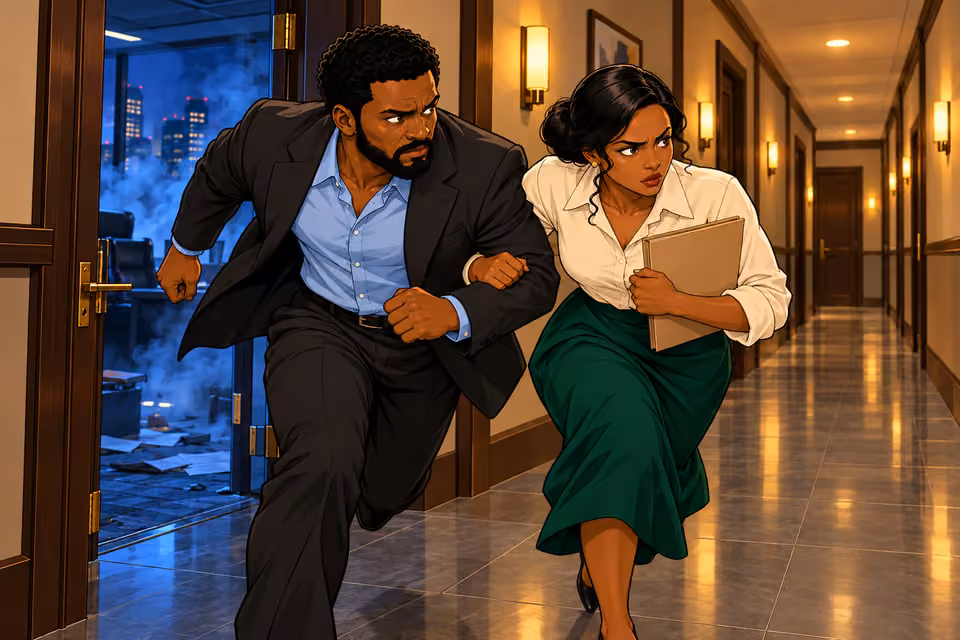 Marcus and Claire reach the hallway and flee the gunfight.