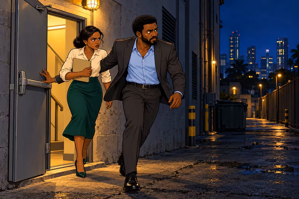 Marcus and Claire escape through the emergency exit.