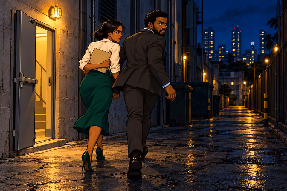 Marcus and Claire disappear into the dark streets.