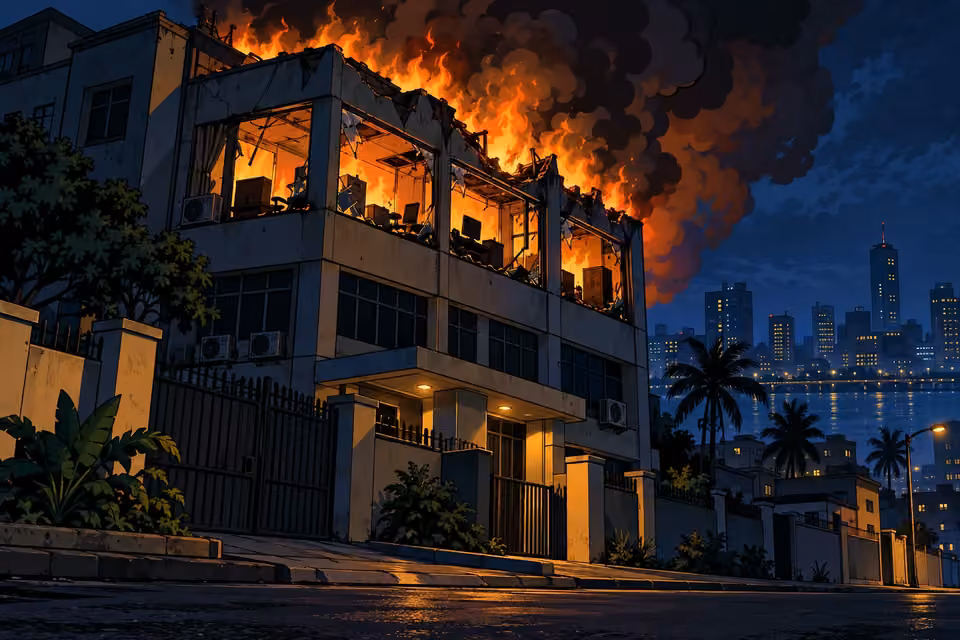 Flames and smoke pour from the shattered windows of Marcus's office at night.