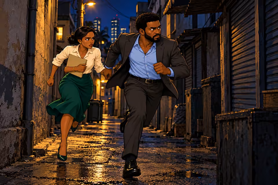 Marcus and Claire run down an alley away from the office.