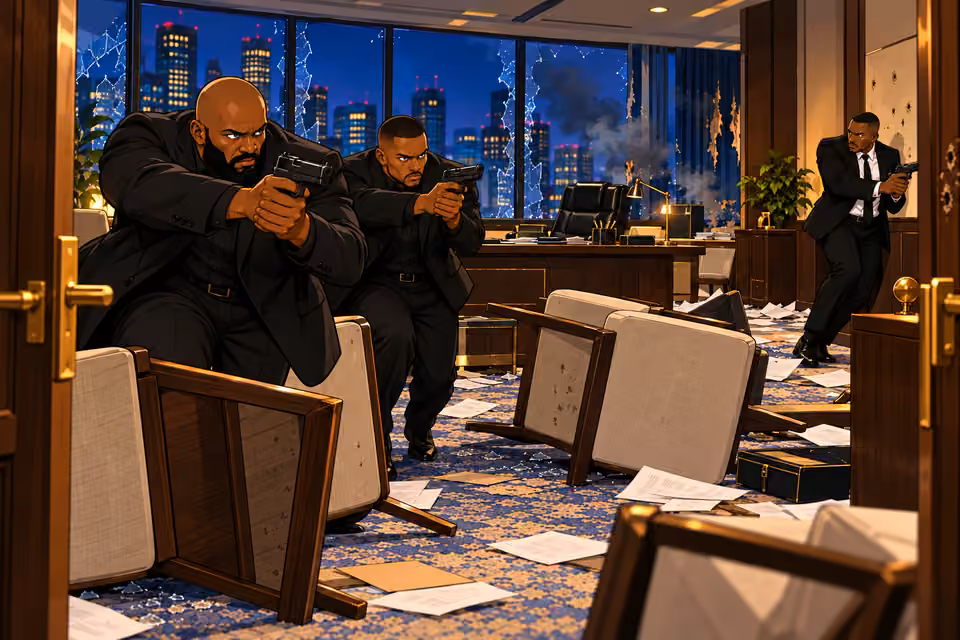 Baba Jide’s enforcers gain control of the ruined office.