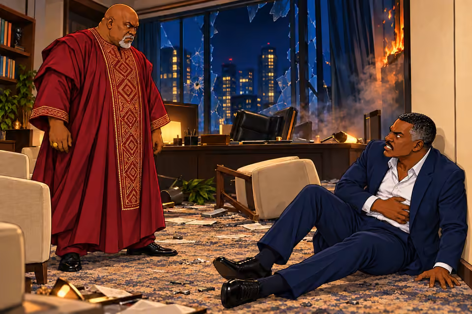 Baba Jide stands over a cornered Victor in the ruined office.