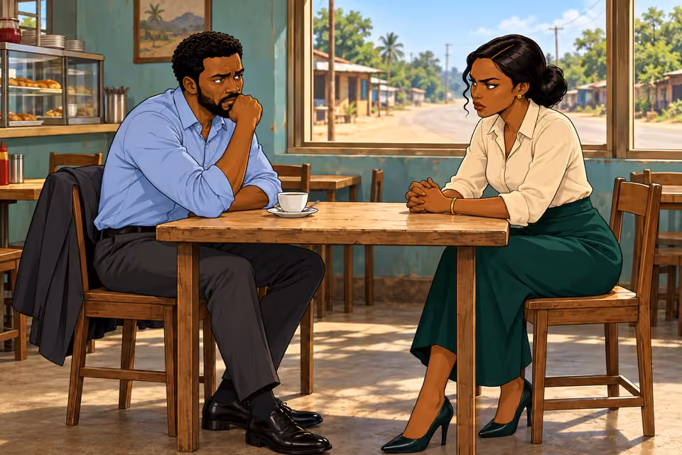 Days later, Marcus and Claire sit in a quiet roadside diner.